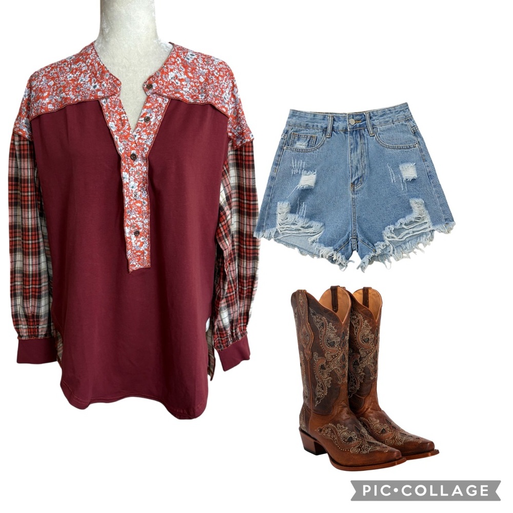 Boutique Patchwork Mixed Print Henley Long Sleeve… - image 2